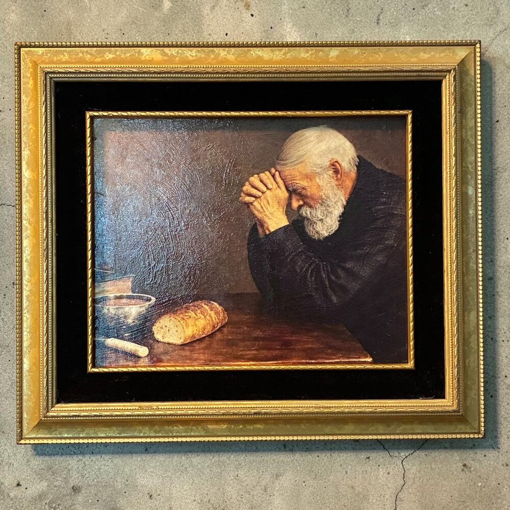 “Grace” Eric Enstrom Religious Art 12X14 Elderly Man Praying VTG Wood Frame